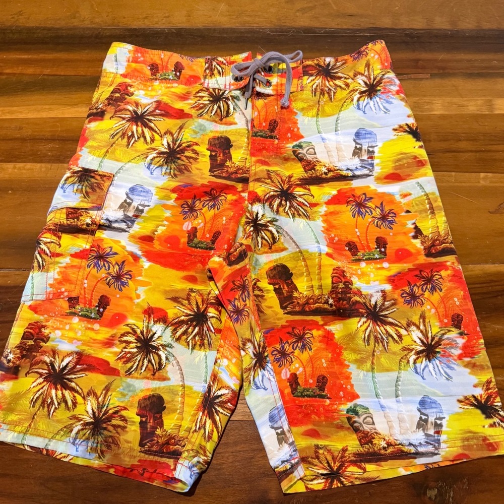 Just Bones Boardwear Mens Tiki Tropical Board Shorts Orange Yellow Size 31
